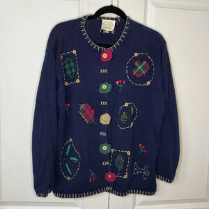 Vintage 1995 Susan Bristol Navy Blue Patchwork Leaf Autumn Fall Cardigan Women 3